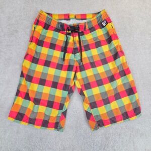 Y2K Reunion Island Boardshorts Mens 28 Plaid Surf Swim Trunks Pardon Beach 11"